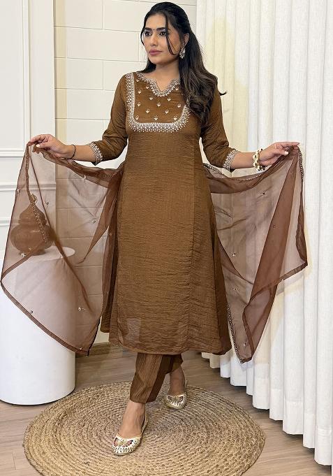 Brown Silk Embroidered Salwar Kameez With Dupptta