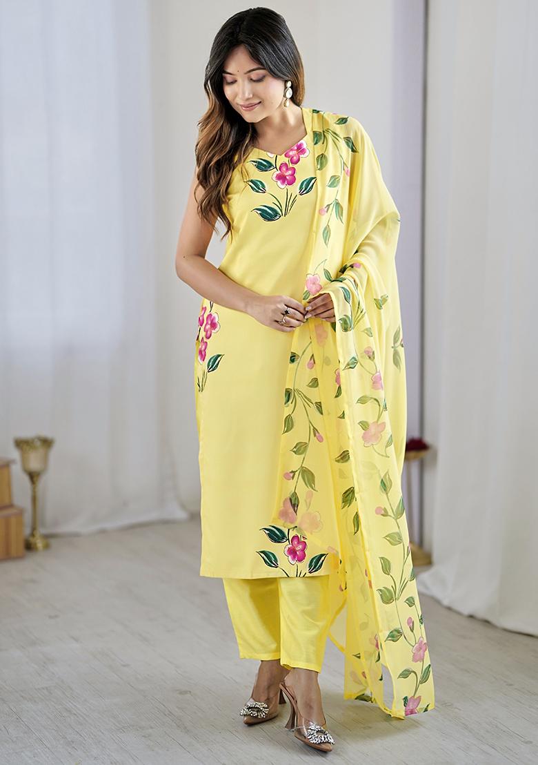Yellow Viscose Floral Print Salwar Kameez With Dupptta