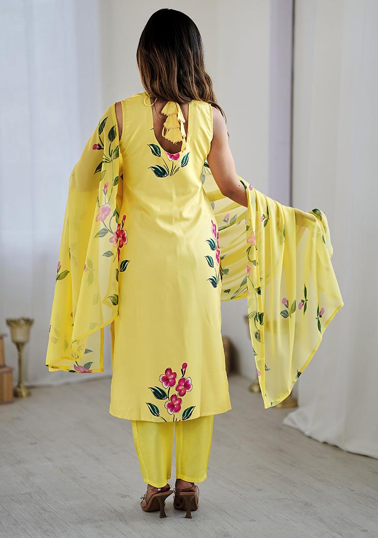 Yellow Viscose Floral Print Salwar Kameez With Dupptta