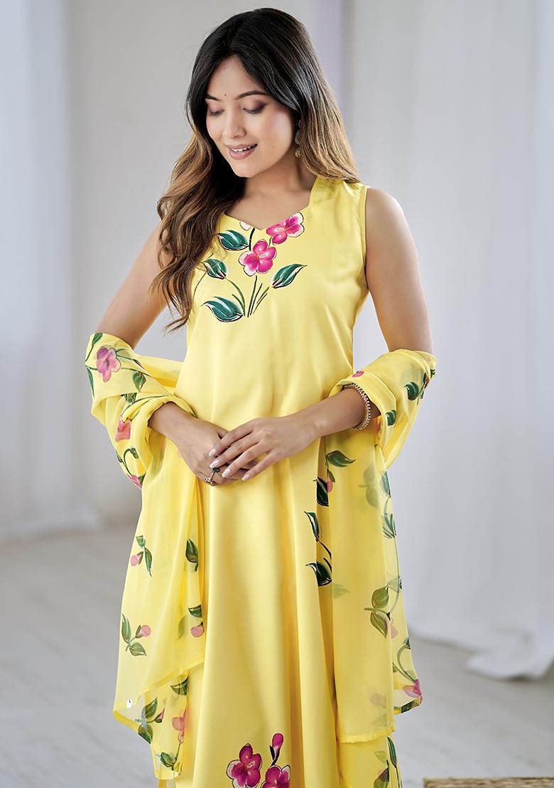 Yellow Viscose Floral Print Salwar Kameez With Dupptta