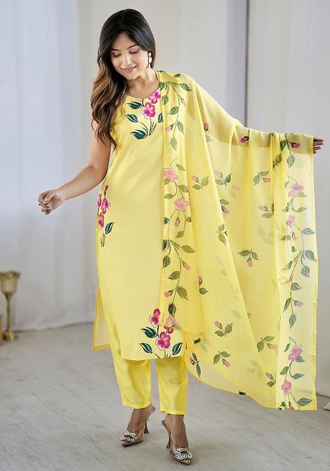 Yellow Viscose Floral Print Salwar Kameez With Dupptta