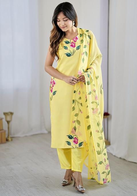 Yellow Viscose Floral Print Salwar Kameez With Dupptta