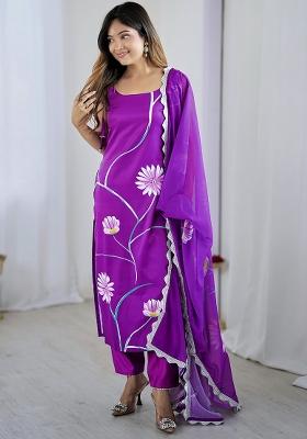 Purple Viscose Floral Print Salwar Kameez With Dupptta