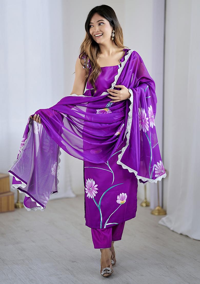 Purple Viscose Floral Print Salwar Kameez With Dupptta