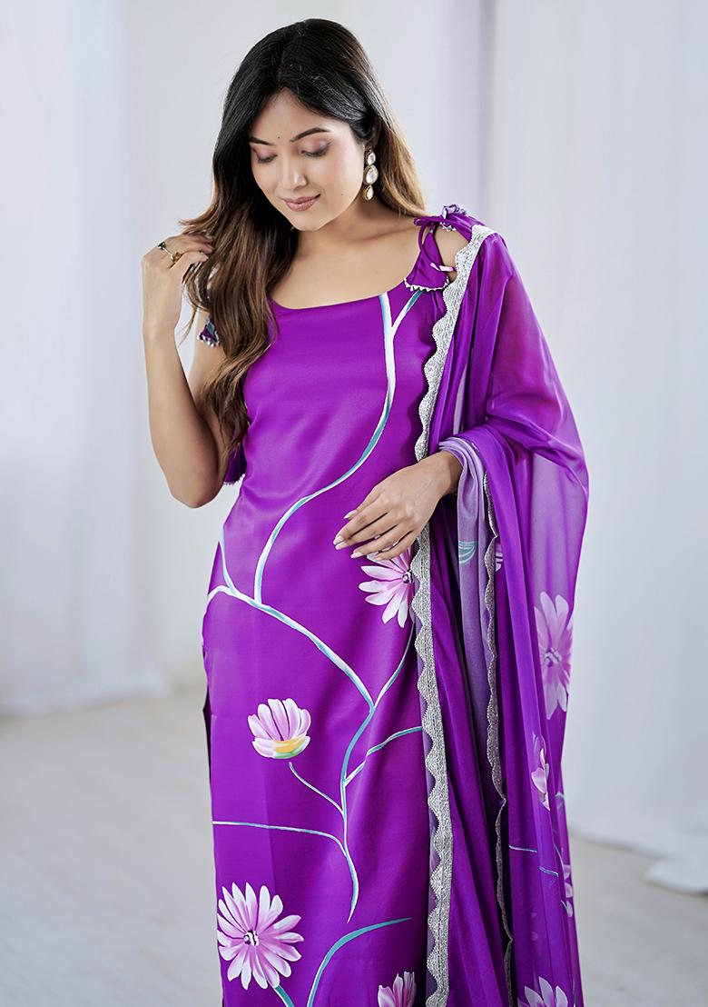 Purple Viscose Floral Print Salwar Kameez With Dupptta
