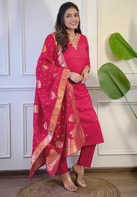 Pink Viscose Embroidered Salwar Kameez With Dupptta
