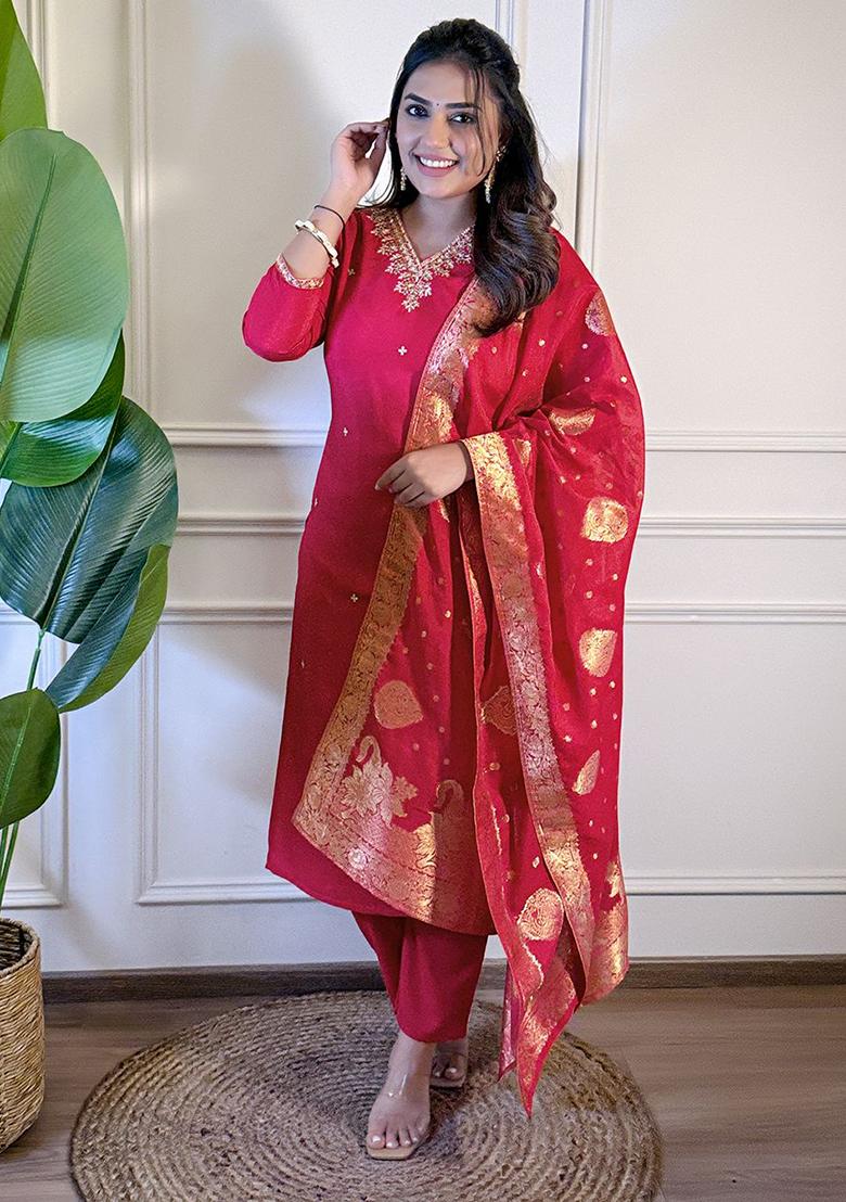 Pink Viscose Embroidered Salwar Kameez With Dupptta