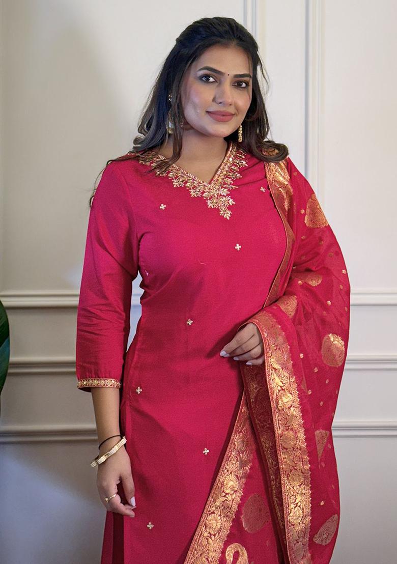 Pink Viscose Embroidered Salwar Kameez With Dupptta