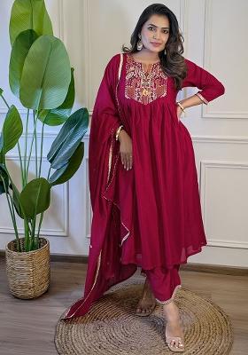 Red Silk Embroidered Salwar Kameez With Dupptta