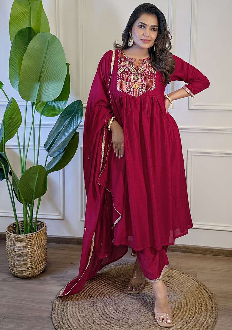 Red Silk Embroidered Salwar Kameez With Dupptta - Indya