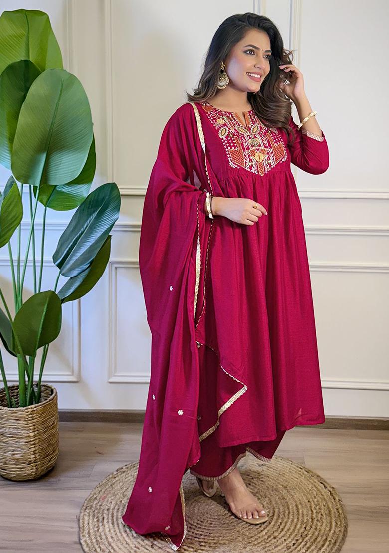 Red Silk Embroidered Salwar Kameez With Dupptta