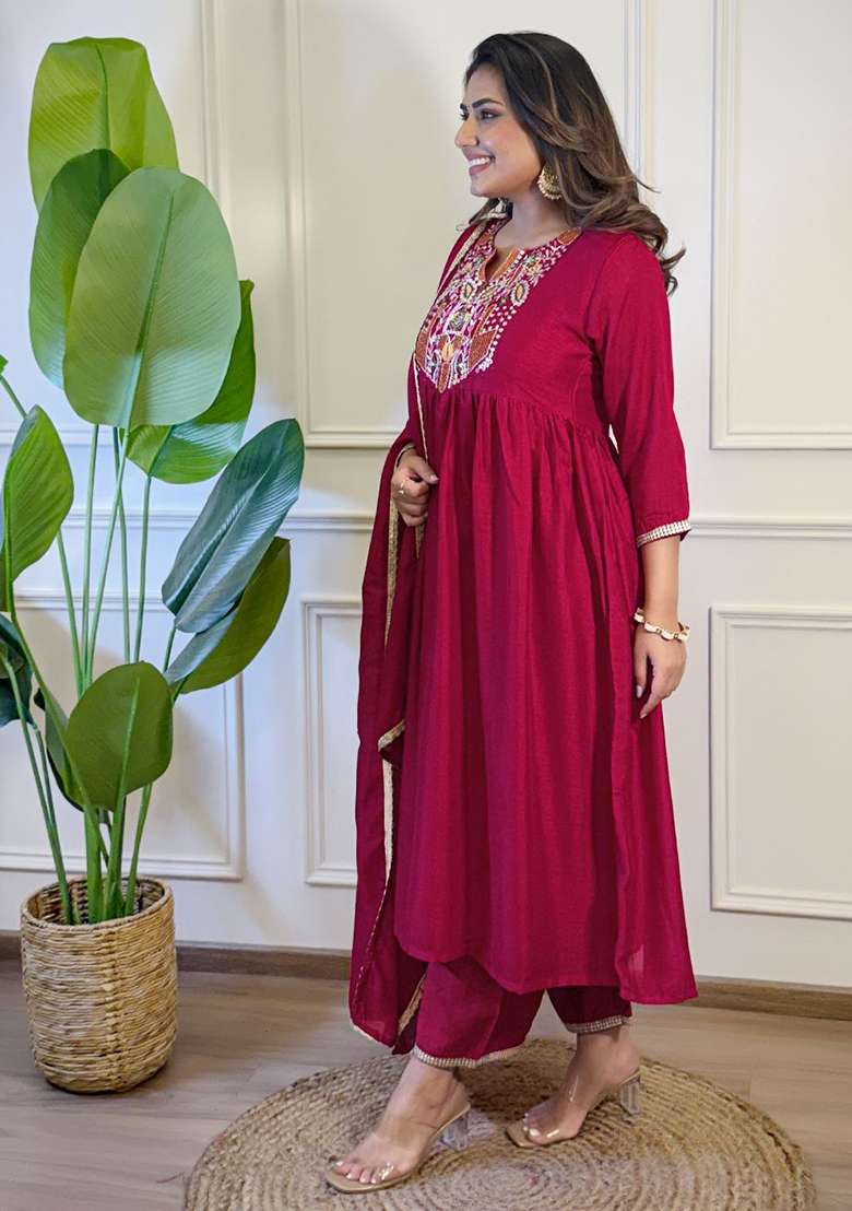 Red Silk Embroidered Salwar Kameez With Dupptta - Indya