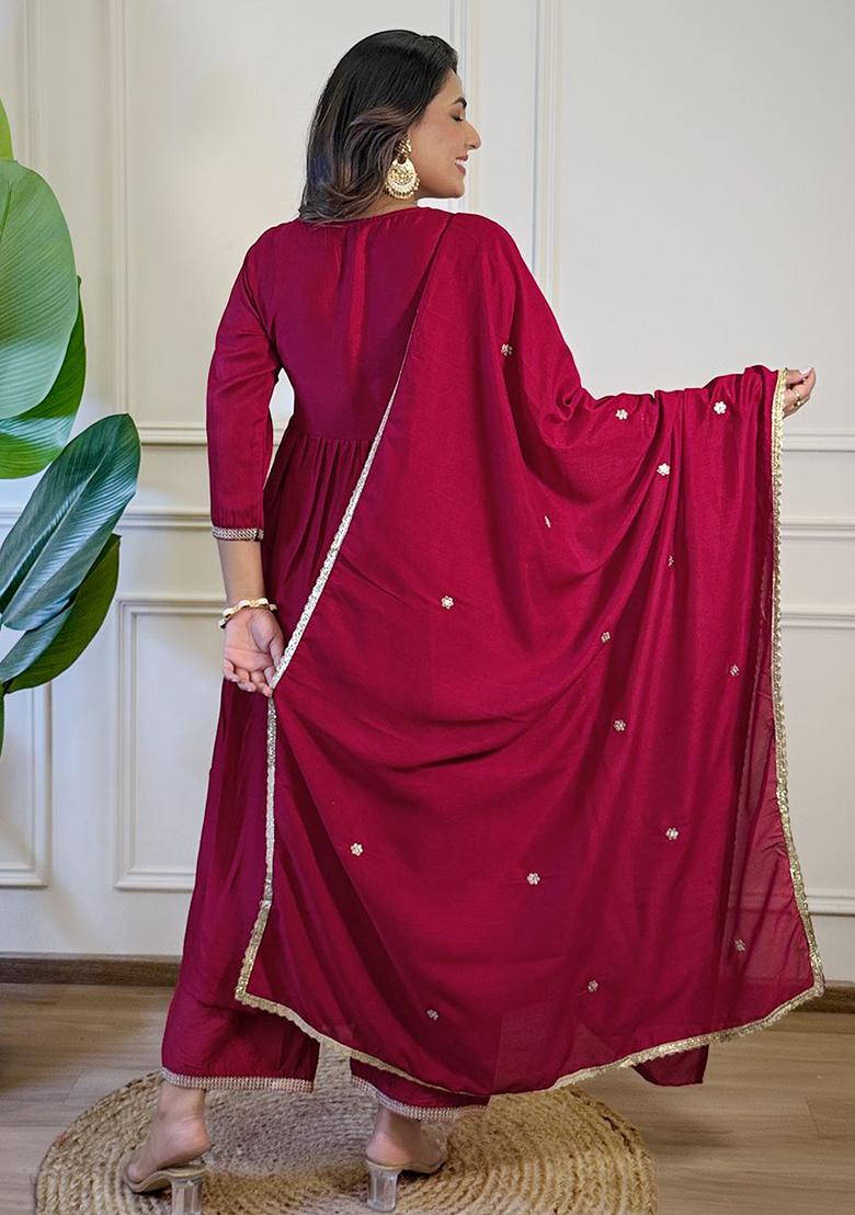 Red Silk Embroidered Salwar Kameez With Dupptta