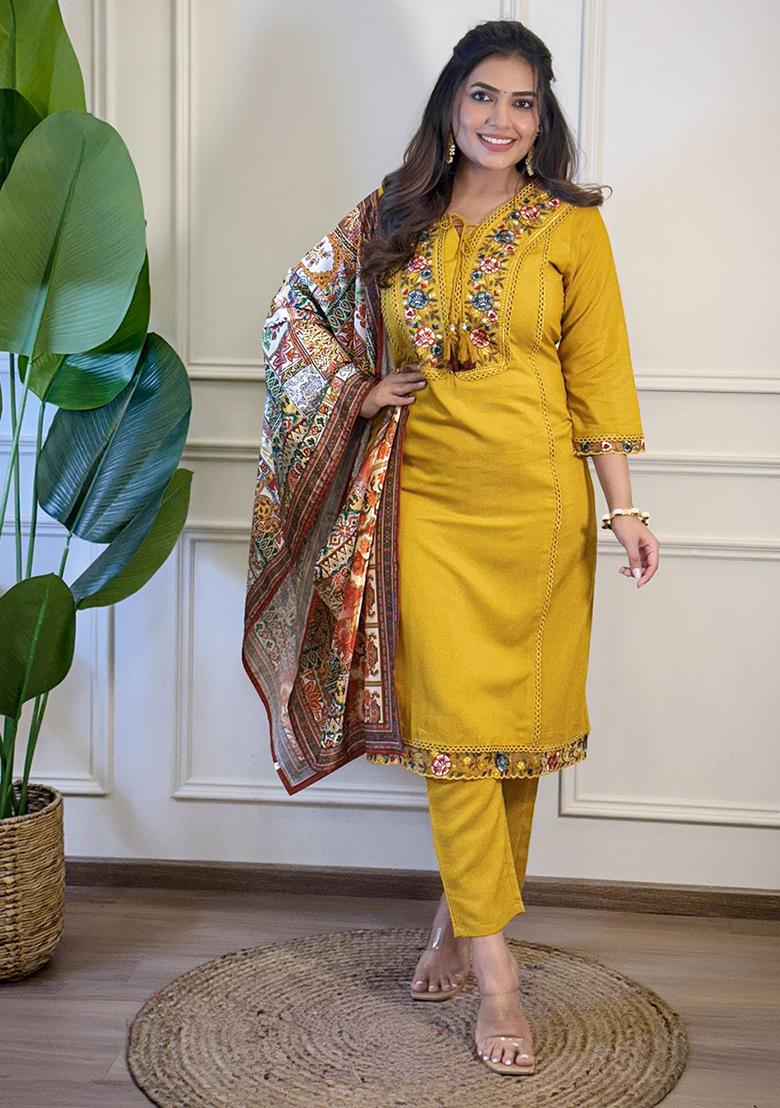 Mustard Viscose Embroidered Salwar Kameez With Dupptta