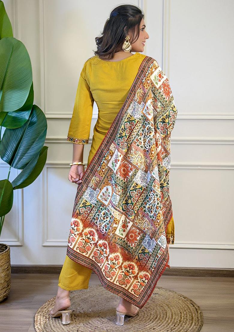 Mustard Viscose Embroidered Salwar Kameez With Dupptta