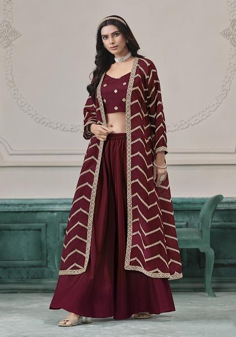 Maroon Chinnon Embroidered Salwar Kameez With Dupptta