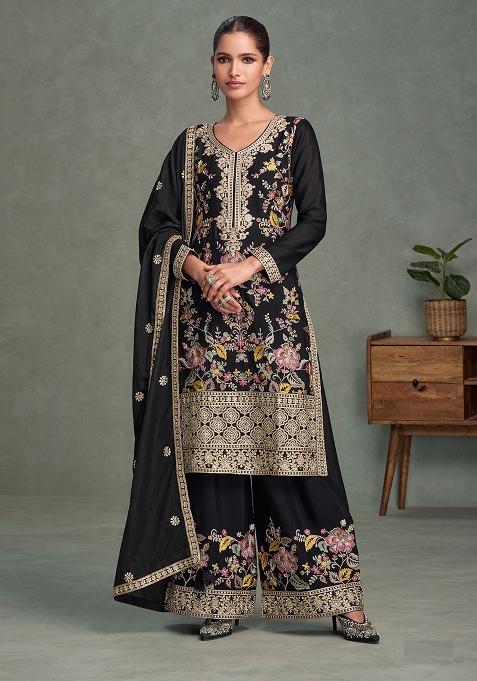 Black Chinnon Embroidered Salwar Kameez With Dupptta