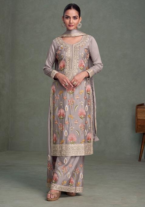 Grey Chinnon Embroidered Salwar Kameez With Dupptta