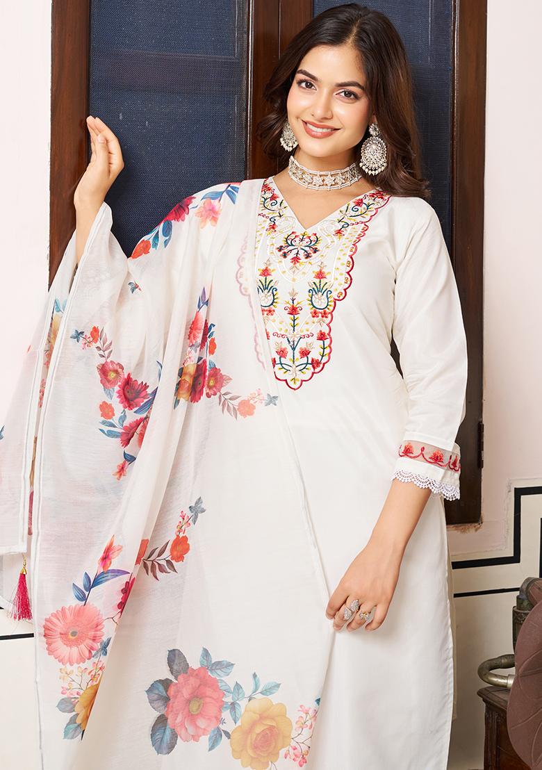 Off White  Chanderi Embroidered Salwar Kameez With Dupptta