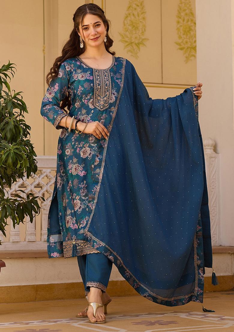 Petrol Chinnon Printed Salwar Kameez With Dupptta