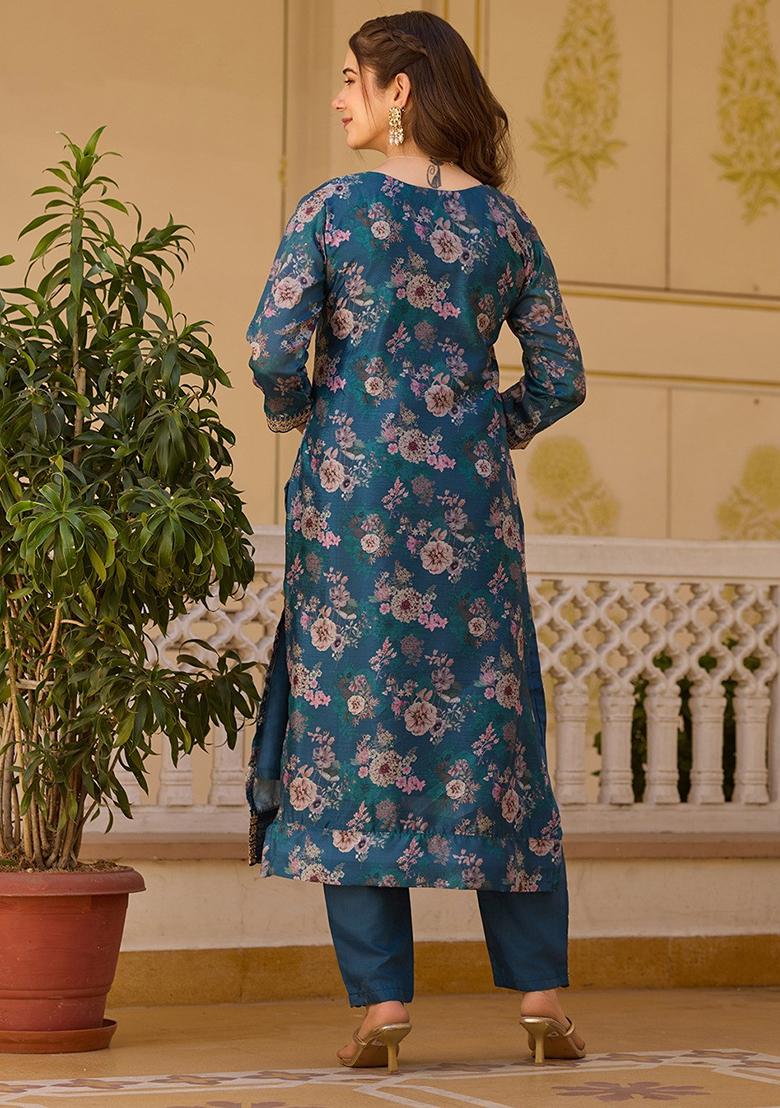 Petrol Chinnon Printed Salwar Kameez With Dupptta
