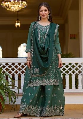 Green Chinnon Embroidered Salwar Kameez With Dupptta