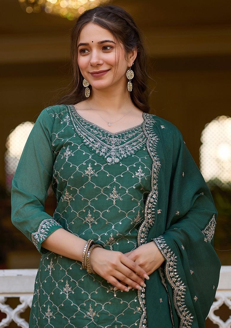 Green Chinnon Embroidered Salwar Kameez With Dupptta