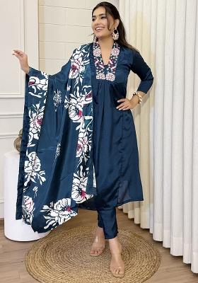 Blue Chinnon Embroidered Salwar Kameez With Dupptta