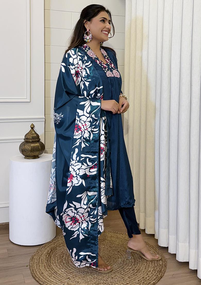 Blue Chinnon Embroidered Salwar Kameez With Dupptta