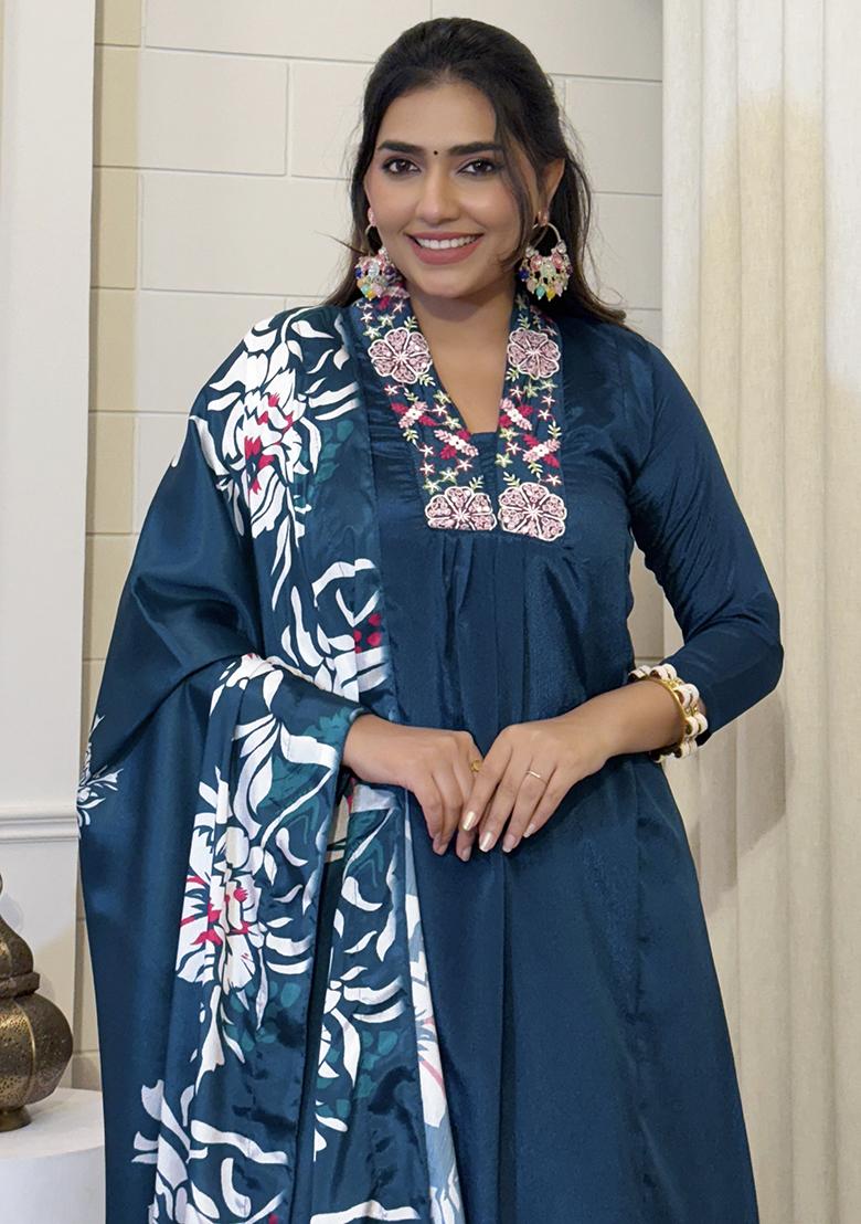 Blue Chinnon Embroidered Salwar Kameez With Dupptta