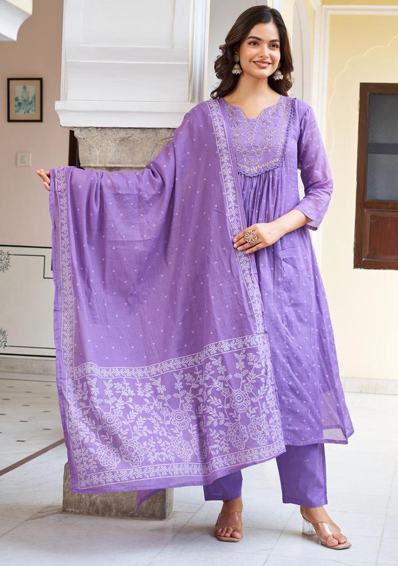 Lavender Cotton Printed Salwar Kameez With Dupptta