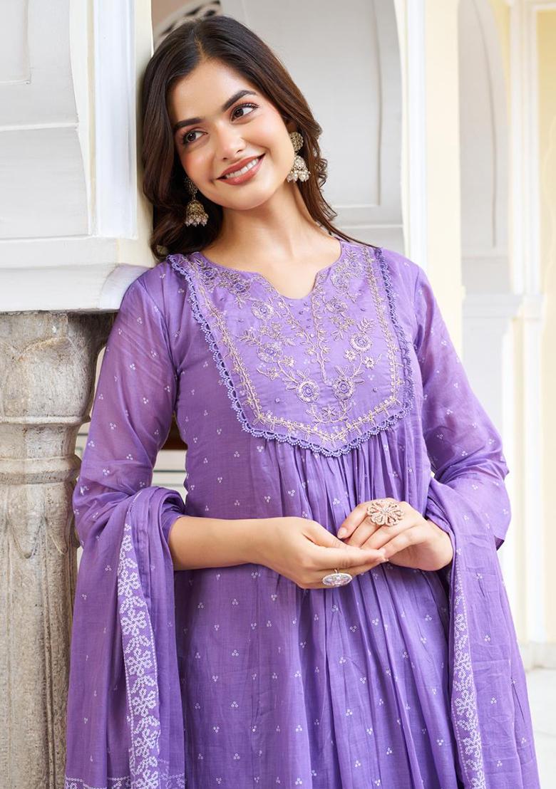 Lavender Cotton Printed Salwar Kameez With Dupptta