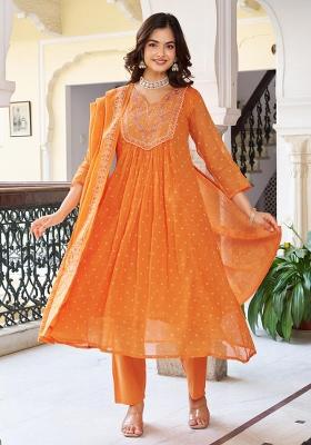 Orange Cotton Printed Salwar Kameez With Dupptta