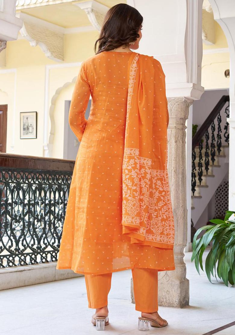 Orange Cotton Printed Salwar Kameez With Dupptta