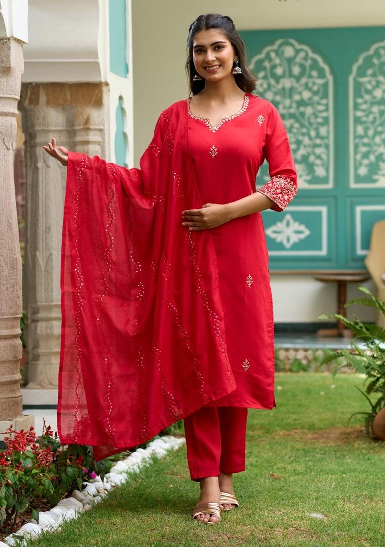 Red Chanderi Embroidered Kurta Set