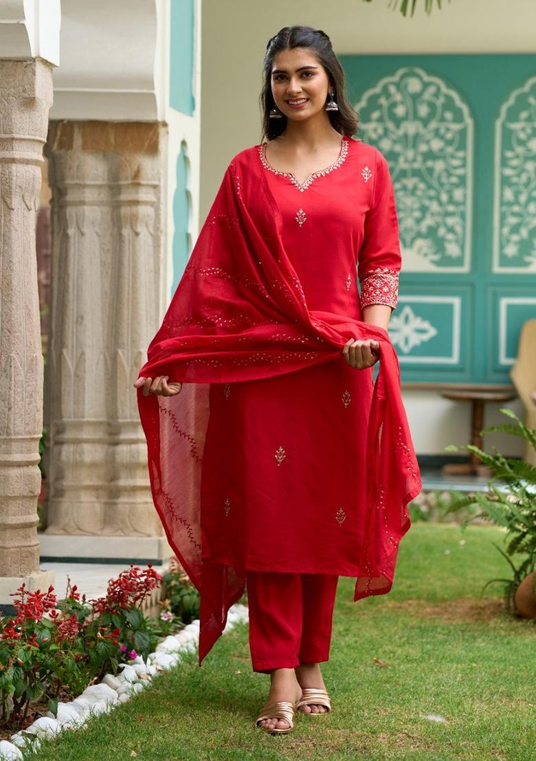 Red Chanderi Embroidered Kurta Set