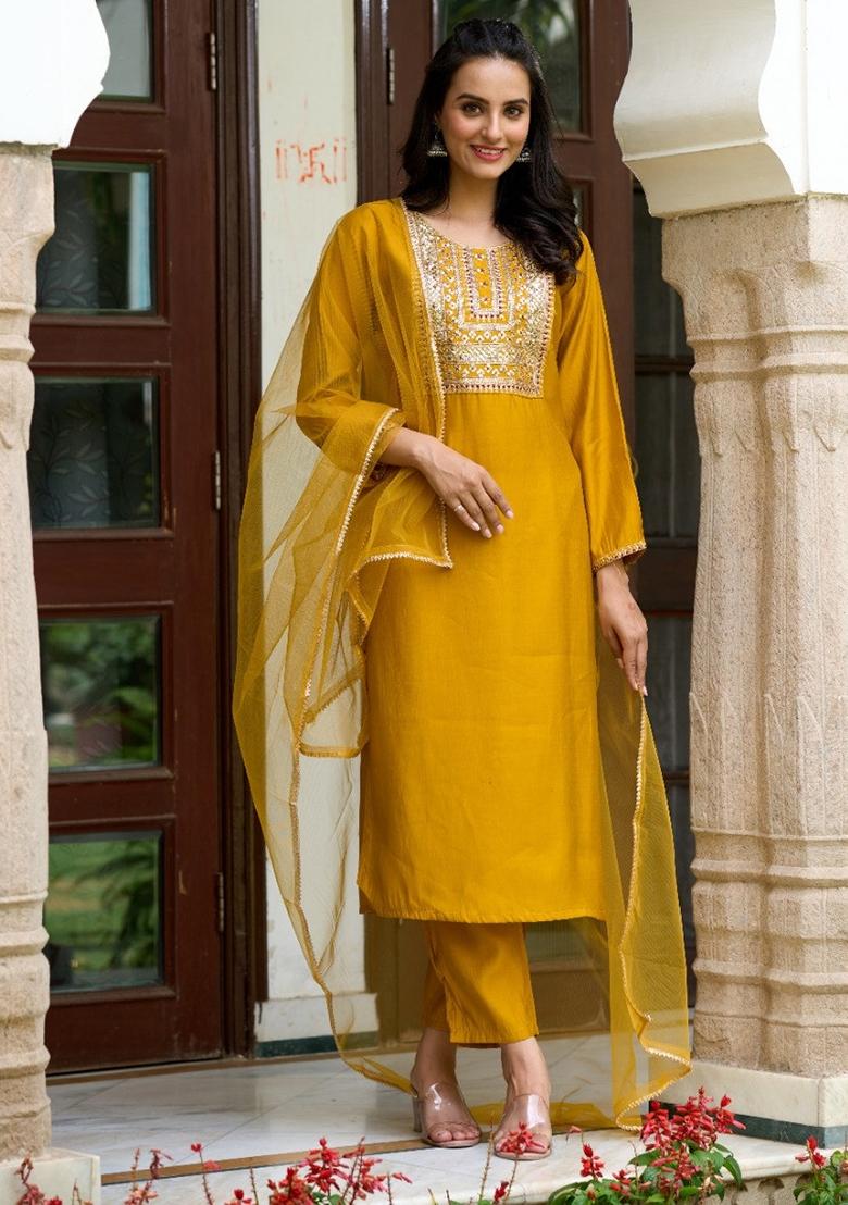 Yellow Chanderi Embroidered Kurta Set