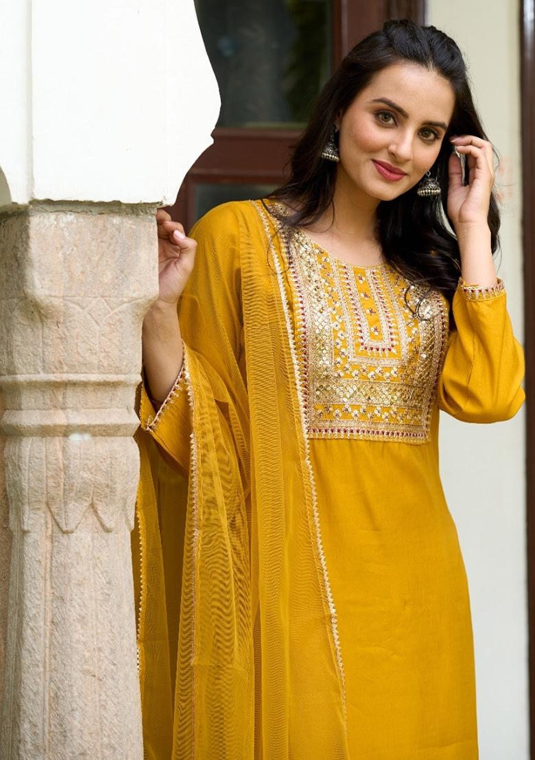 Yellow Chanderi Embroidered Kurta Set