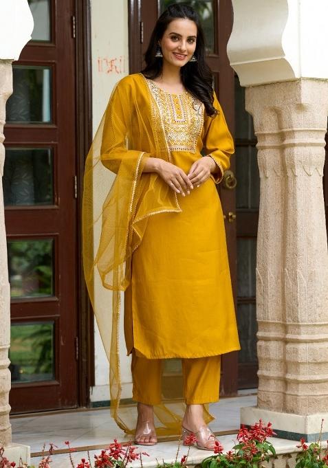 Yellow Chanderi Embroidered Kurta Set