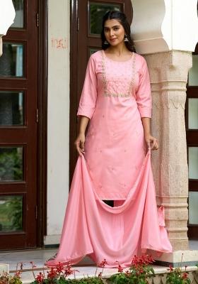 Pink Rayon Embroidered Kurta Set
