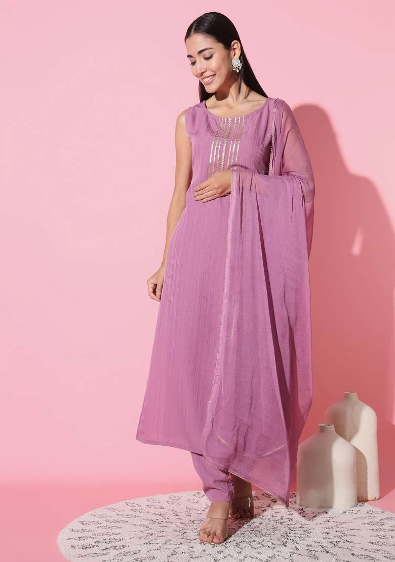 Pink Sequin Work Silk Blend Straight Kurta Set - Indya