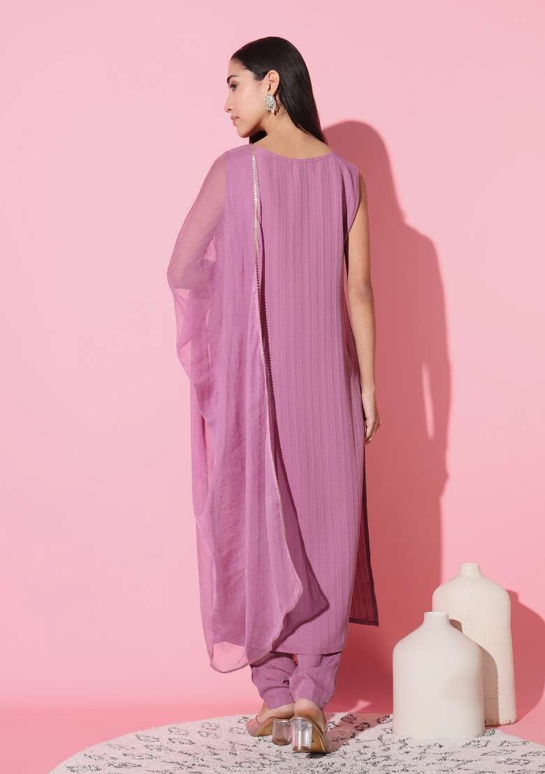 Pink Sequin Work Silk Blend Straight Kurta Set - Indya