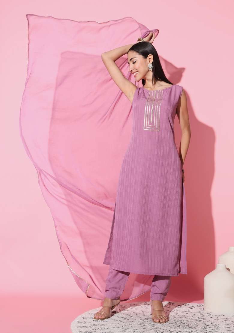 Pink Sequin Work Silk Blend Straight Kurta Set - Indya