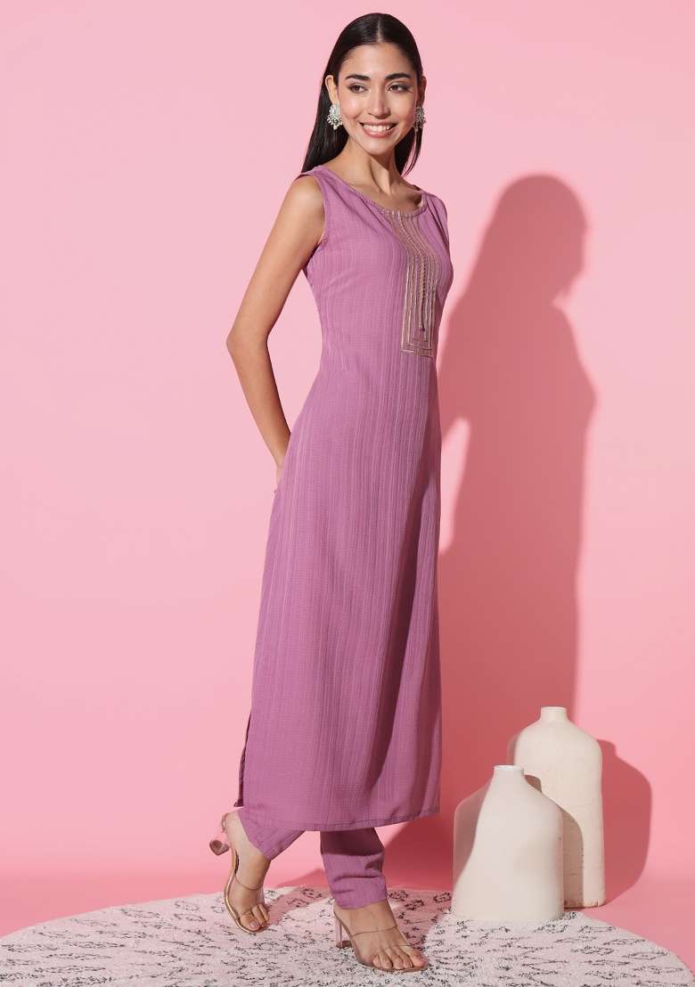 Pink Sequin Work Silk Blend Straight Kurta Set - Indya
