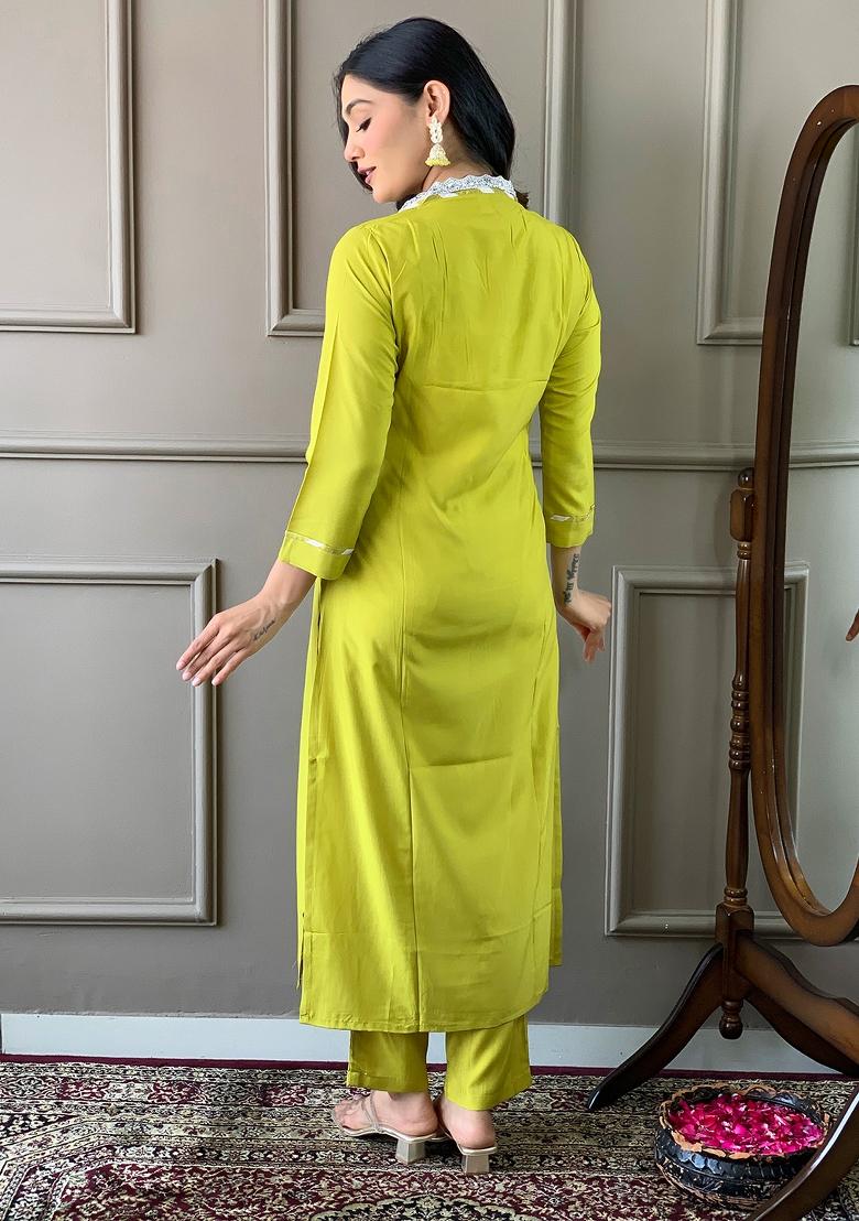 Yellow Viscose Embroidered Kurta Set