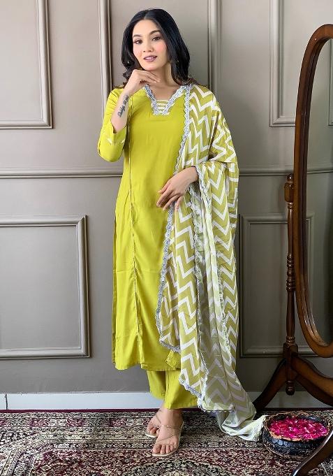 Yellow Viscose Embroidered Kurta Set