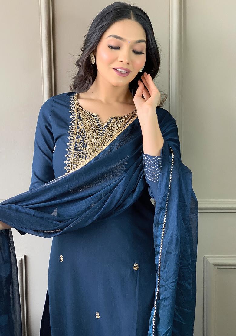 Blue Rayon Embroidered Kurta Set