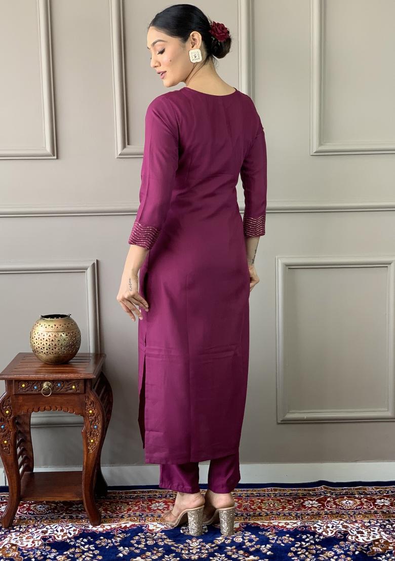 Purple Rayon Embroidered Kurta Set
