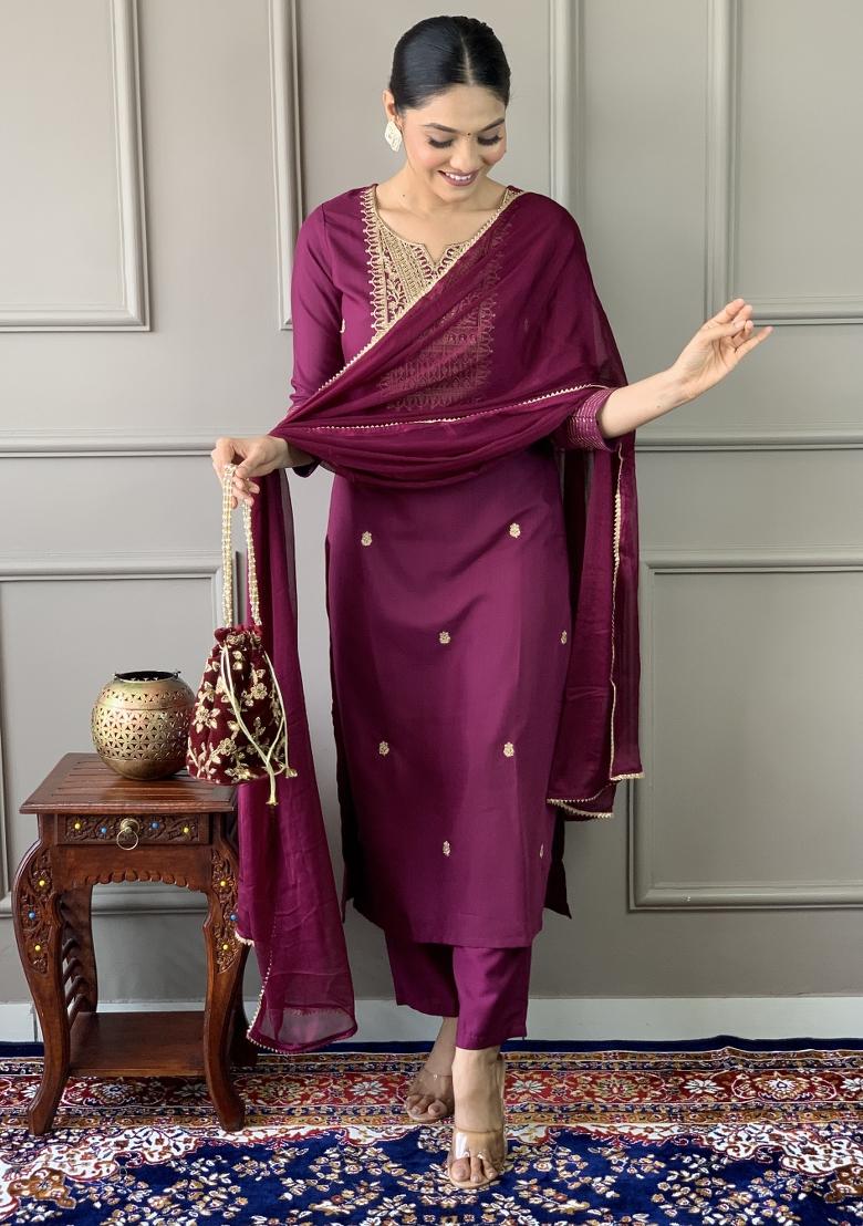 Purple Rayon Embroidered Kurta Set