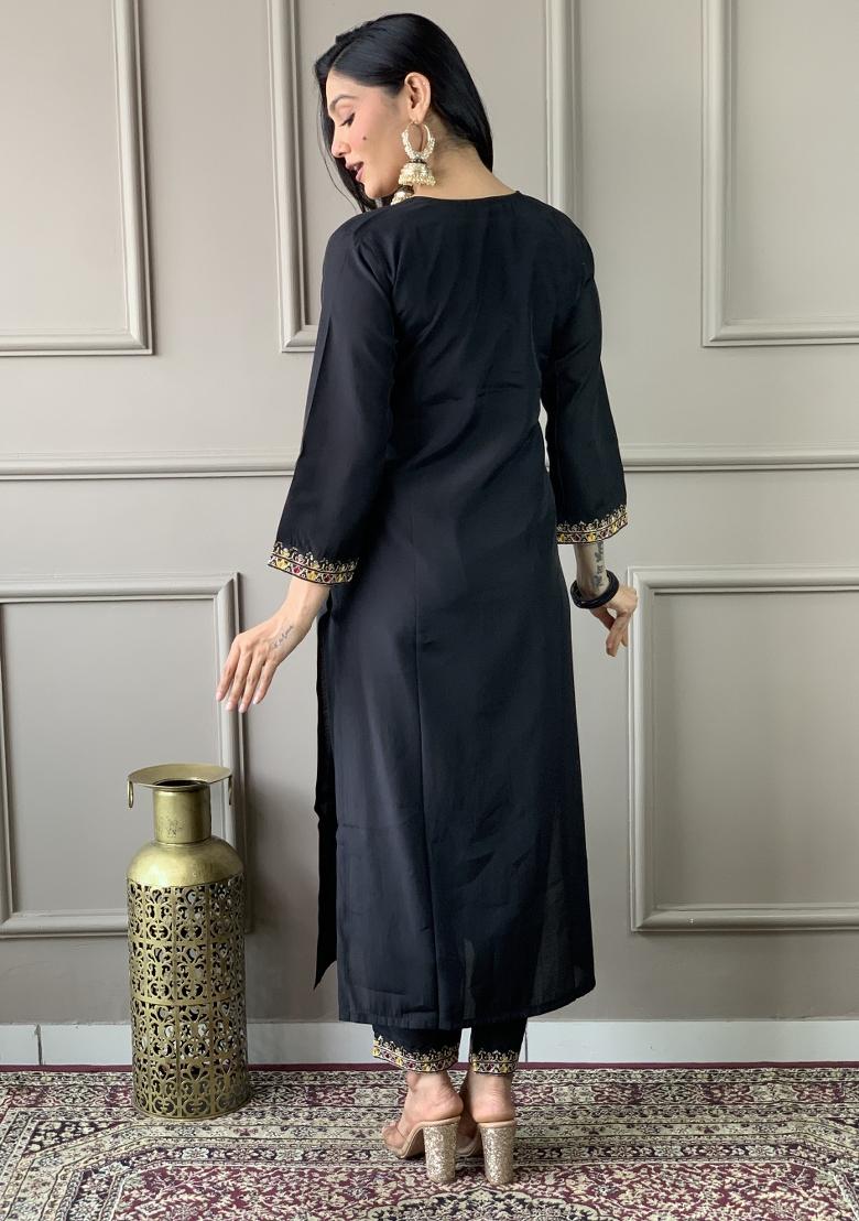 Black Chanderi Silk Embroidered Kurta Set